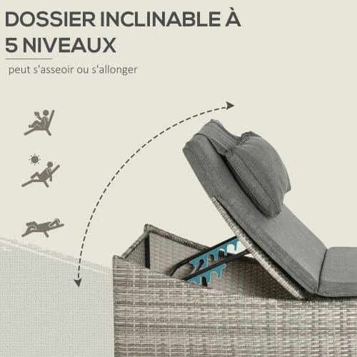 OUTSUNNY Bain De Soleil Pliable Inclinaison Réglable Matelas Gris Chiné – Image 6