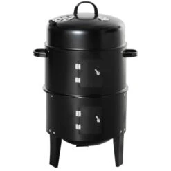 OUTSUNNY Barbecue Fumoir Grill Braséro 3 En 1 - 2 Grilles - Acier Inox. Noir