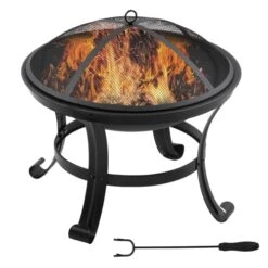 OUTSUNNY Brasero Boule De Feu Grille Charbon Couvercle Tisonnier Acier Noir
