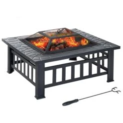 OUTSUNNY Brasero Grille à Charbon Couvercle Tisonnier Métal Noir