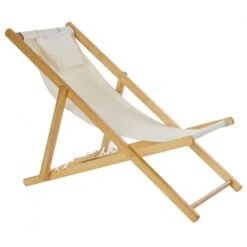 Chaise Longue Pliante Chilienne En Bois Et Tissu Beige 57,5x113x77cm
