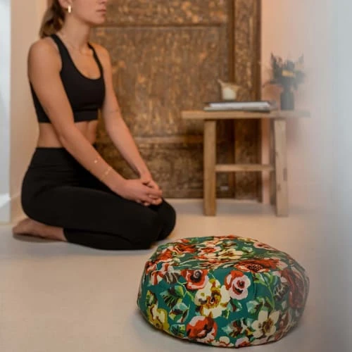 Coussin De Méditation En Coton Imprimé Fleuri Vert – Image 3