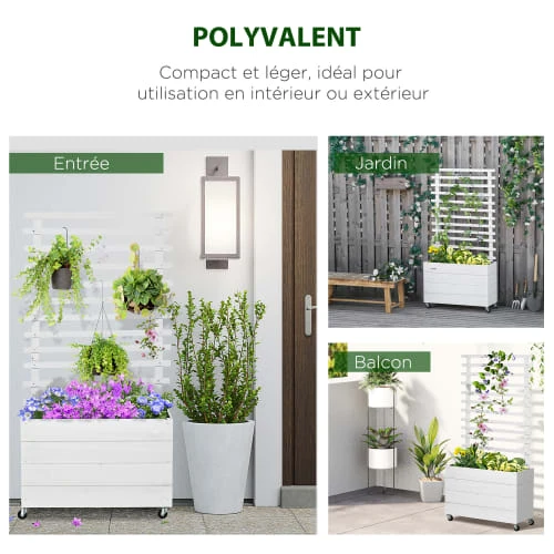 OUTSUNNY Jardinière Avec Treillis Sur Roulettes Bois Sapin Traité Peint Blanc – Image 4