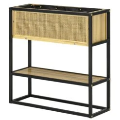 OUTSUNNY Jardinière Sur Pied Style Naturel Métal Noir Sapin Verni Bambou Tressé