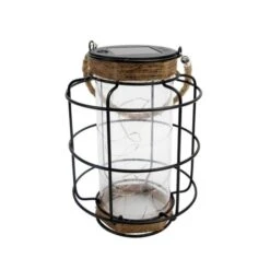 Lanterne Solaire Décorative Corde Bois Foncé H20cm