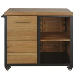 Meuble De Jardin Pour Plancha En Bois D'acacia Et Métal Noir à Roulettes