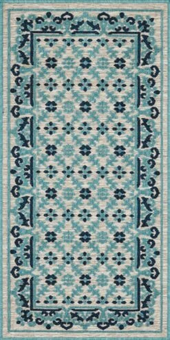 Tapis Petite Taille Extérieur Motif Ottoman Bleu Et Gris - 70x140