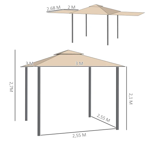 OUTSUNNY Tonnelle De Jardin Double Toit Auvents Réglables Métal Polyester Beige – Image 3