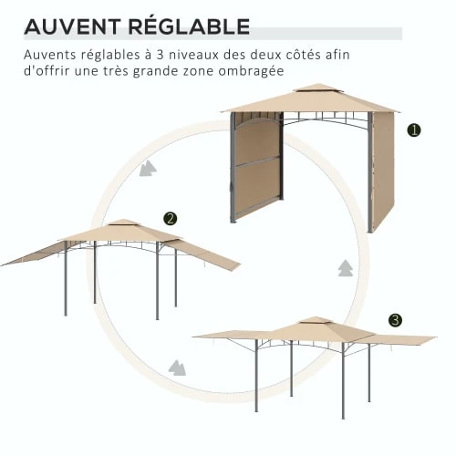 OUTSUNNY Tonnelle De Jardin Double Toit Auvents Réglables Métal Polyester Beige – Image 5