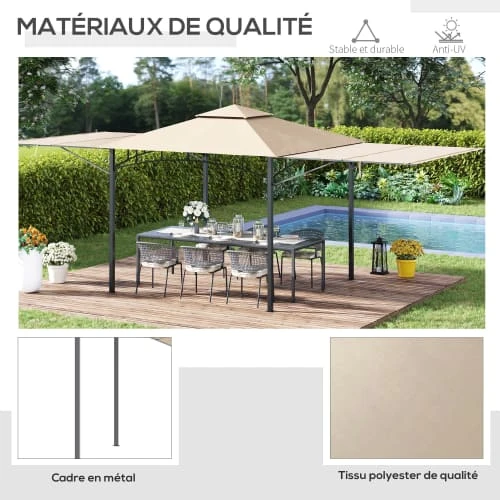 OUTSUNNY Tonnelle De Jardin Double Toit Auvents Réglables Métal Polyester Beige – Image 6